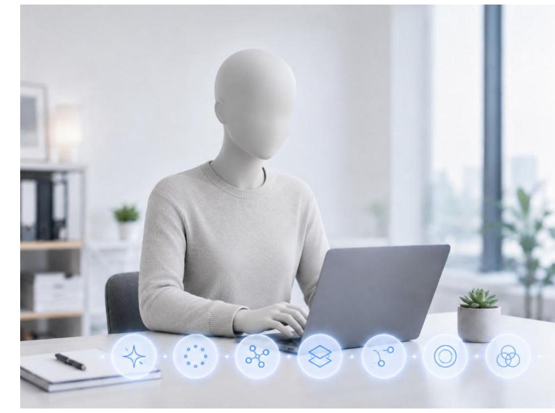 Woman sitting at desk with laptop surrounded by floating digital contact and communication icons