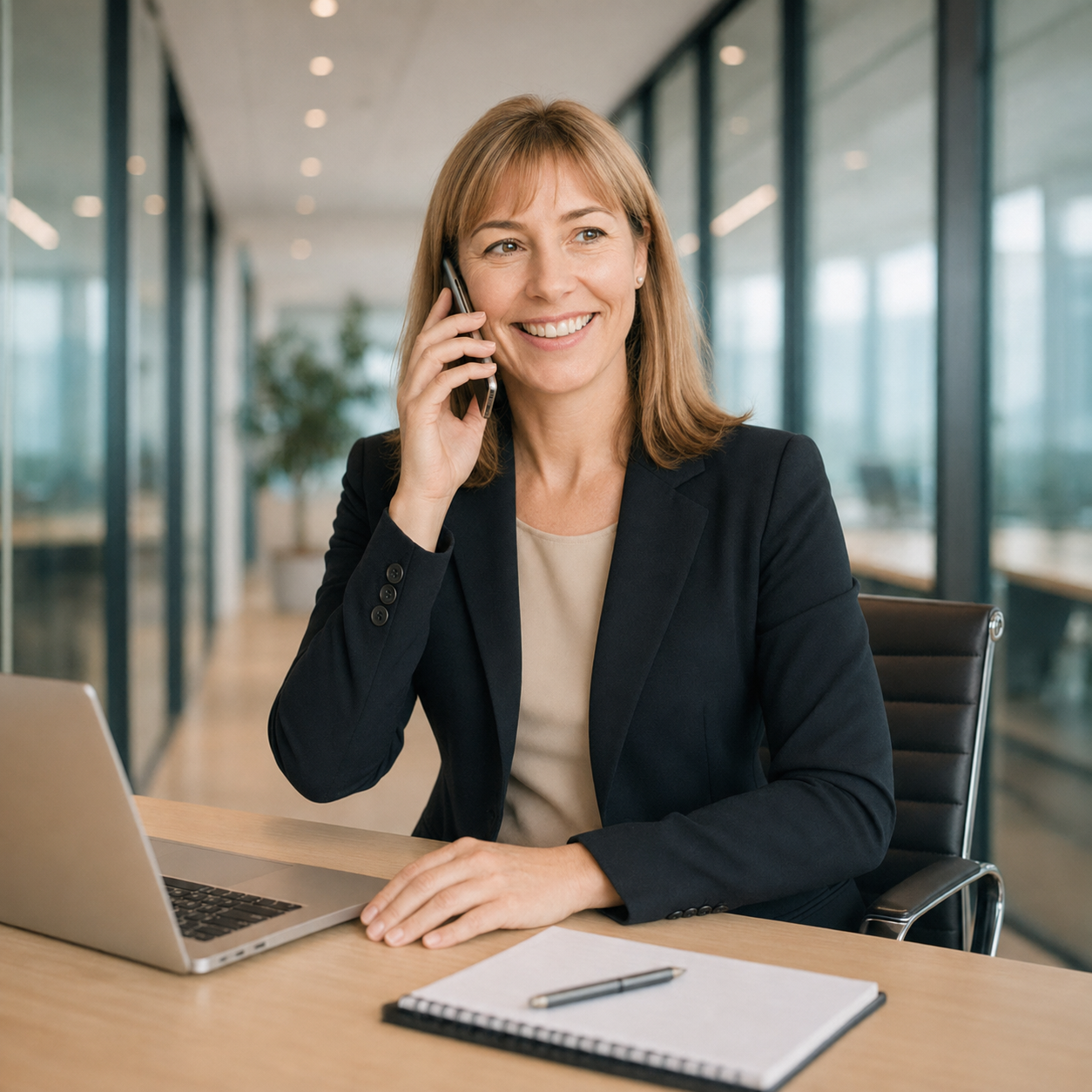 Smiling woman with blonde hair and bangs wearing a black blazer in a blurred office background